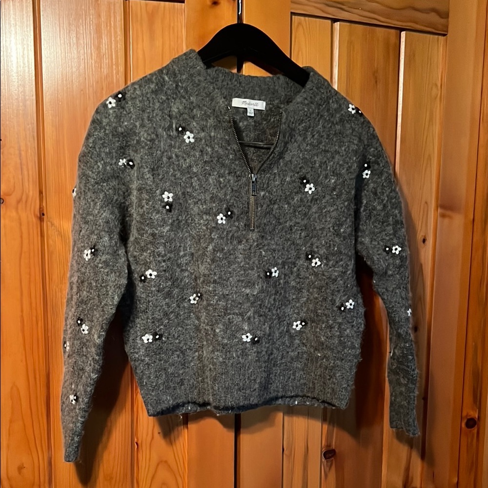 Gray Sweater with Floral Embroidery